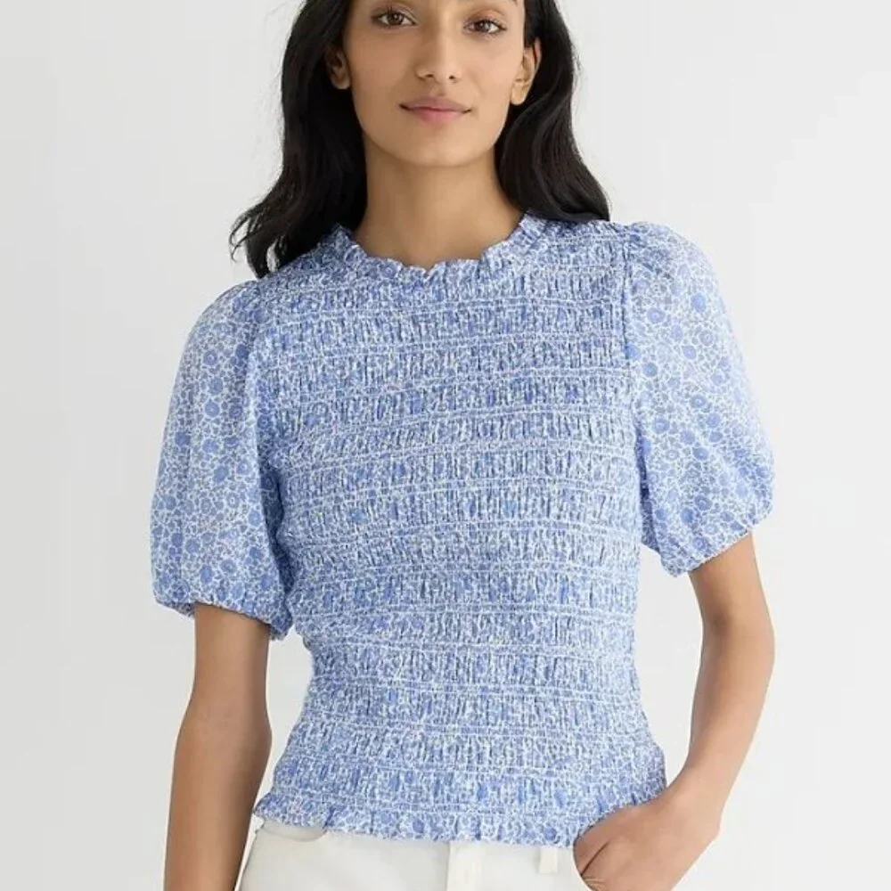 J. Crew Liberty Fabrics Puff Sleeve Smocked Top in D'Anjo Coast Size Small